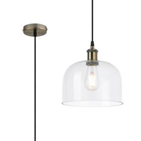 DK1138  Cawdor Single Pendant, 1 Light E27, Antique Brass/Black/Clear Cloche Glass
